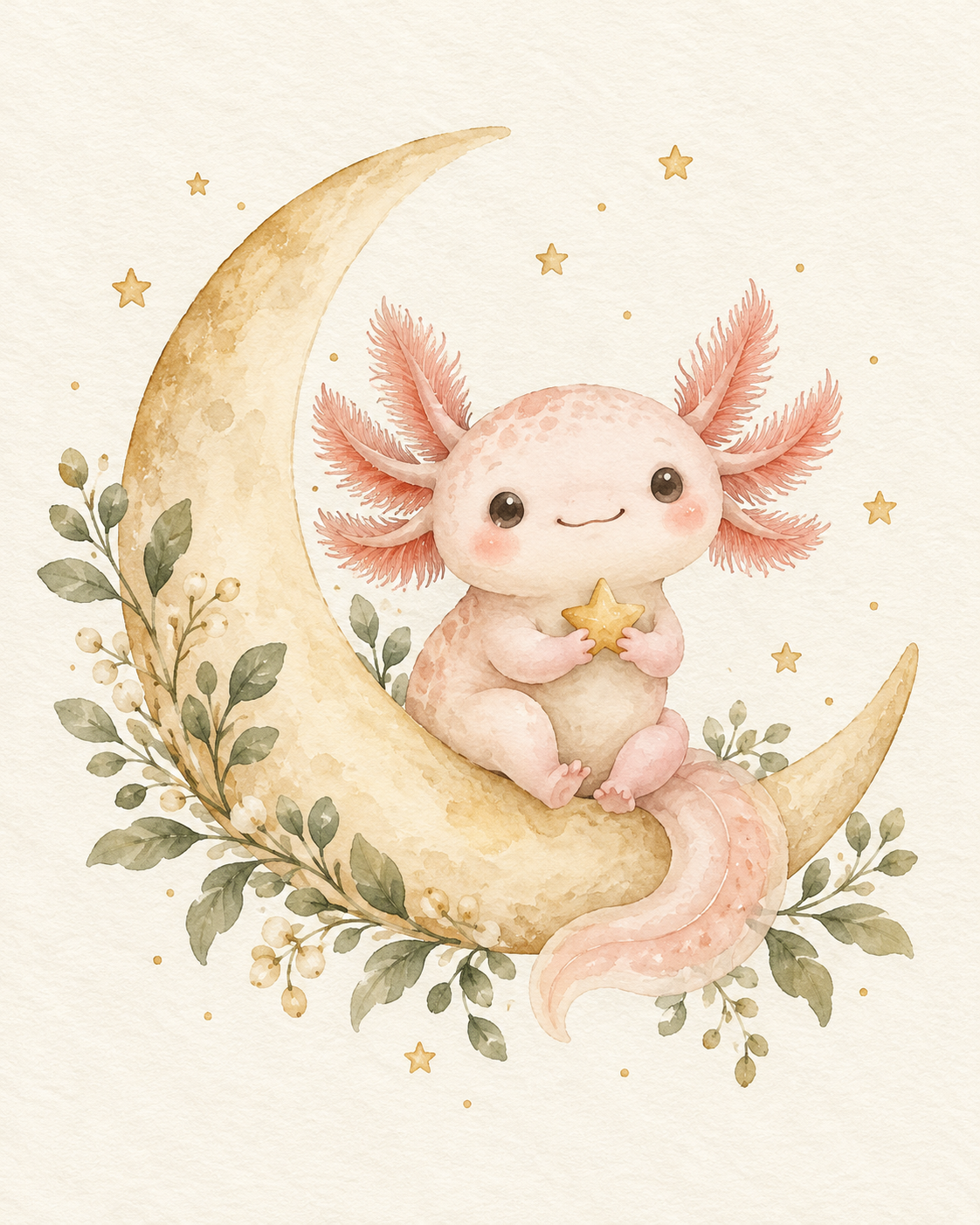 A blush pink watercolor axolotl holding a golden star on a crescent moon, with sage leaves.